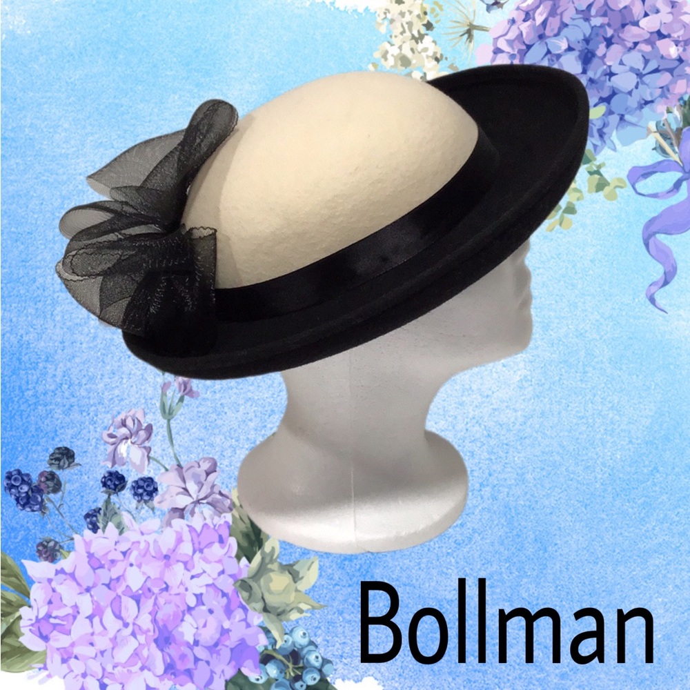 NEW GEO W BOLLMAN  Doeskin Black and Ivory Wool Hat with Curled Brim Bow Back
